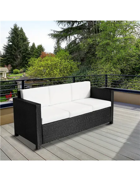 Outsunny 3 Seater Rattan Sofa All-Weather Wicker Weave Metal Frame Chair with Fire Resistant Cushion, Black