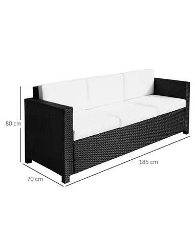 Outsunny 3 Seater Rattan Sofa All-Weather Wicker Weave Metal Frame Chair with Fire Resistant Cushion, Black