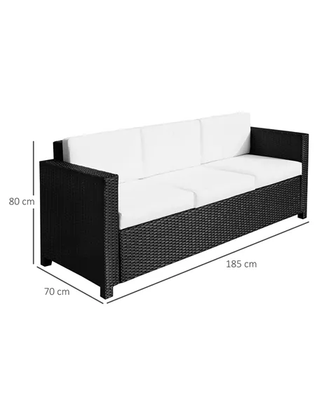 Outsunny 3 Seater Rattan Sofa All-Weather Wicker Weave Metal Frame Chair with Fire Resistant Cushion, Black