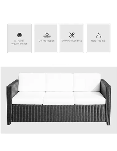 Outsunny 3 Seater Rattan Sofa All-Weather Wicker Weave Metal Frame Chair with Fire Resistant Cushion, Black