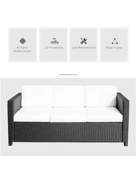 Outsunny 3 Seater Rattan Sofa All-Weather Wicker Weave Metal Frame Chair with Fire Resistant Cushion, Black