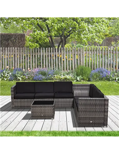 Outsunny 6-Seater Rattan Sofa Furniture Set W/ Cushions, Steel Frame-Grey