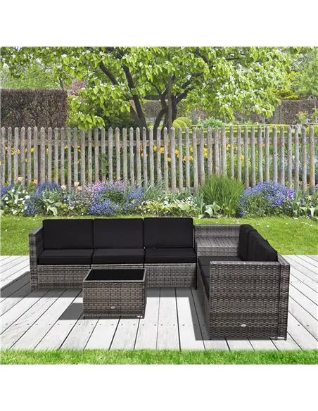 Outsunny 6-Seater Rattan Sofa Furniture Set W/ Cushions, Steel Frame-Grey