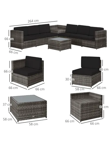 Outsunny 6-Seater Rattan Sofa Furniture Set W/ Cushions, Steel Frame-Grey