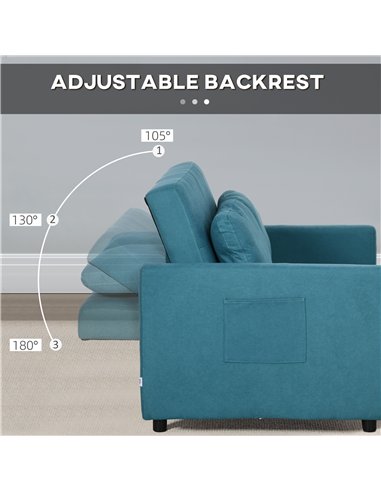 HOMCOM Loveseat Sofa Bed, Convertible Bed Settee with 2 Cushions, Side Pockets for Living Room, Blue