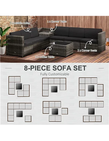 Outsunny 6-Seater Rattan Sofa Furniture Set W/ Cushions, Steel Frame-Grey