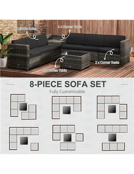 Outsunny 6-Seater Rattan Sofa Furniture Set W/ Cushions, Steel Frame-Grey