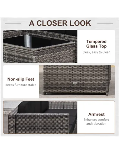 Outsunny 6-Seater Rattan Sofa Furniture Set W/ Cushions, Steel Frame-Grey