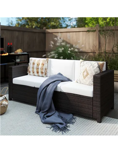 Outsunny 3 Seater Rattan Sofa, All-Weather Wicker Weave Metal Frame Chair with Fire Resistant Cushion, Brown