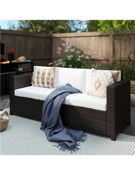 Outsunny 3 Seater Rattan Sofa, All-Weather Wicker Weave Metal Frame Chair with Fire Resistant Cushion, Brown