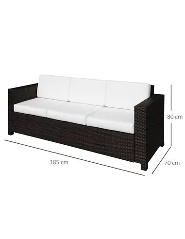 Outsunny 3 Seater Rattan Sofa, All-Weather Wicker Weave Metal Frame Chair with Fire Resistant Cushion, Brown