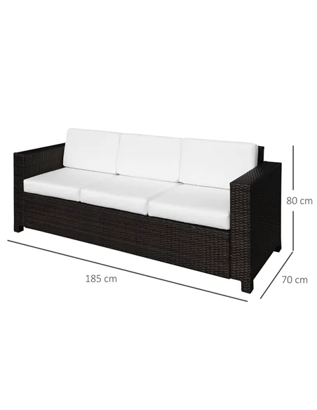 Outsunny 3 Seater Rattan Sofa, All-Weather Wicker Weave Metal Frame Chair with Fire Resistant Cushion, Brown