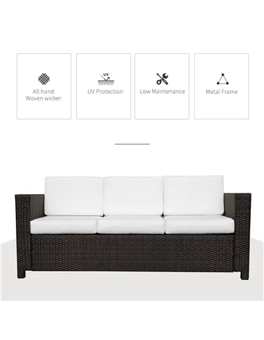 Outsunny 3 Seater Rattan Sofa, All-Weather Wicker Weave Metal Frame Chair with Fire Resistant Cushion, Brown