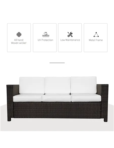 Outsunny 3 Seater Rattan Sofa, All-Weather Wicker Weave Metal Frame Chair with Fire Resistant Cushion, Brown