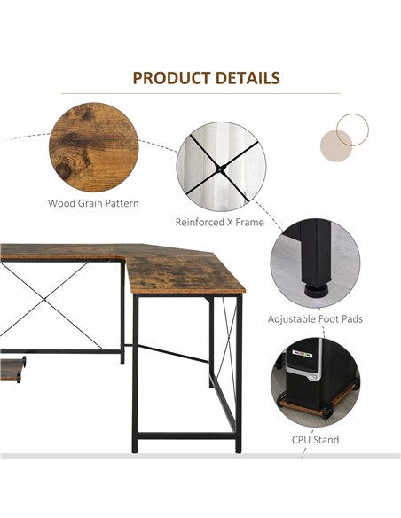 HOMCOM L-Shaped Desk, Gaming Desk, 150 x 150 x 75 cm, Corner Computer Desk for Study, Home Office, Bedroom, Rustic Brown