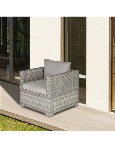 Outsunny Single Seater Rattan Chair Sofa with Padded Cushions, All-Weather PE Wicker Weave Garden Armchair with Armrests, Grey