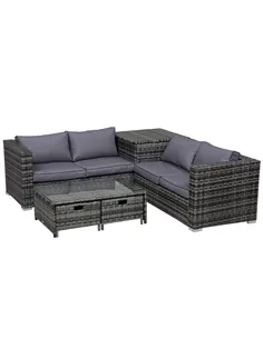 Outsunny 4 Pcs Rattan Wicker Garden Furniture Patio Sofa Storage & Table Set w/ 2 Drawers Coffee Table,Great Cushioned 4 Seats C