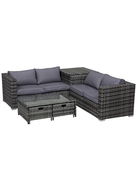 Outsunny 4 Pcs Rattan Wicker Garden Furniture Patio Sofa Storage & Table Set w/ 2 Drawers Coffee Table,Great Cushioned 4 Seats C