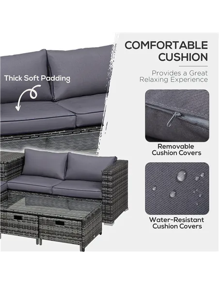 Outsunny 4 Pcs Rattan Wicker Garden Furniture Patio Sofa Storage & Table Set w/ 2 Drawers Coffee Table,Great Cushioned 4 Seats C