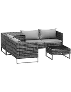 Outsunny 4pc Garden Rattan Wicker Outdoor Furniture Patio Corner Sofa Love Seat and Table Set  with Cushions Side Desk Storage, 