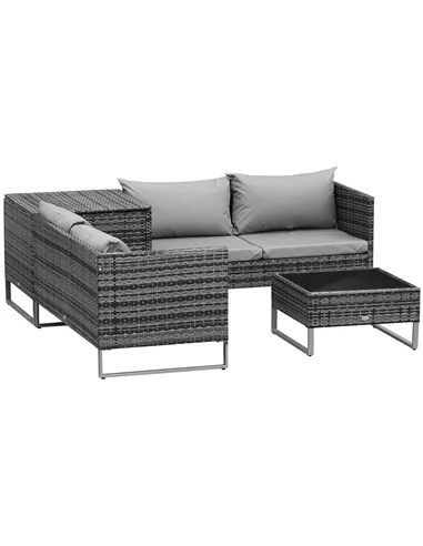 Outsunny 4pc Garden Rattan Wicker Outdoor Furniture Patio Corner Sofa Love Seat and Table Set  with Cushions Side Desk Storage, 