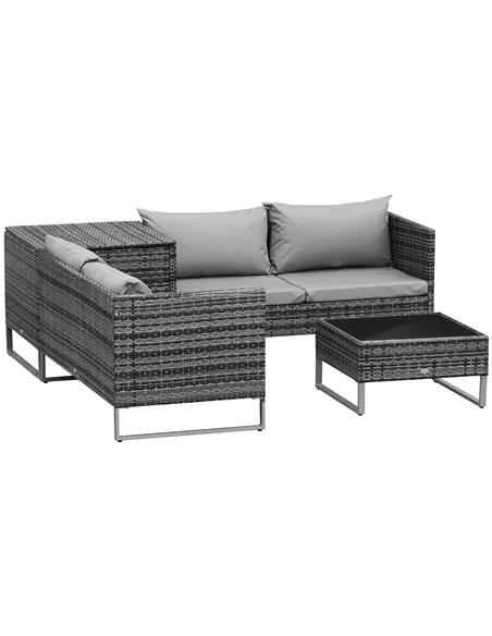 Outsunny 4pc Garden Rattan Wicker Outdoor Furniture Patio Corner Sofa Love Seat and Table Set  with Cushions Side Desk Storage, 