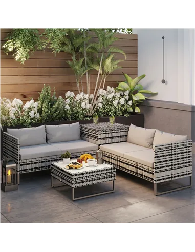 Outsunny 4pc Garden Rattan Wicker Outdoor Furniture Patio Corner Sofa Love Seat and Table Set  with Cushions Side Desk Storage, 