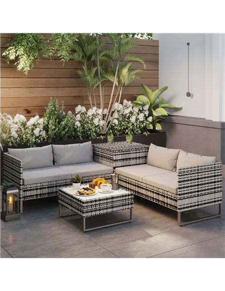 Outsunny 4pc Garden Rattan Wicker Outdoor Furniture Patio Corner Sofa Love Seat and Table Set  with Cushions Side Desk Storage, 