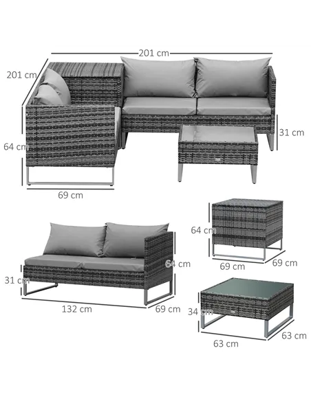Outsunny 4pc Garden Rattan Wicker Outdoor Furniture Patio Corner Sofa Love Seat and Table Set  with Cushions Side Desk Storage, 