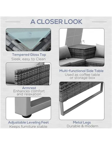 Outsunny 4pc Garden Rattan Wicker Outdoor Furniture Patio Corner Sofa Love Seat and Table Set  with Cushions Side Desk Storage, 