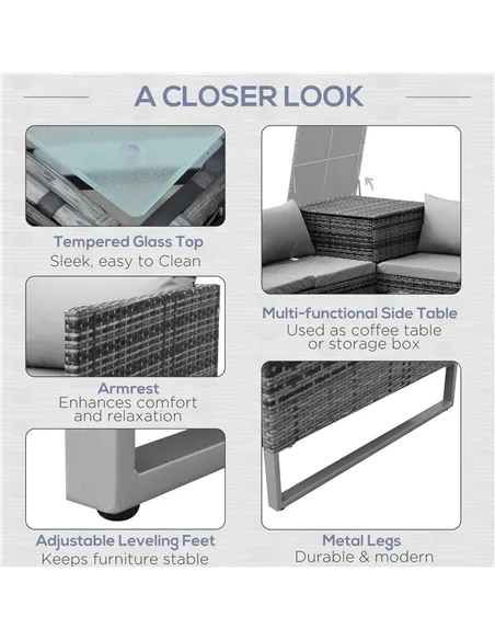 Outsunny 4pc Garden Rattan Wicker Outdoor Furniture Patio Corner Sofa Love Seat and Table Set  with Cushions Side Desk Storage, 