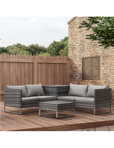 Outsunny 4pc Garden Rattan Wicker Outdoor Furniture Patio Corner Sofa Love Seat and Table Set  with Cushions Side Desk Storage, 