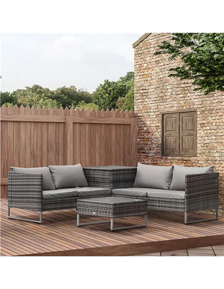 Outsunny 4pc Garden Rattan Wicker Outdoor Furniture Patio Corner Sofa Love Seat and Table Set  with Cushions Side Desk Storage, 