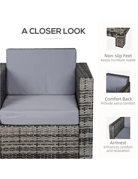 Outsunny Single Seater Rattan Chair Sofa with 10 cm Thick Padded Cushion, All-Weather PE Wicker Weave Garden Armchair with Armre