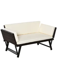 Outsunny 2-Seater 2-in-1 Rattan Convertible Sofa Daybed Brown