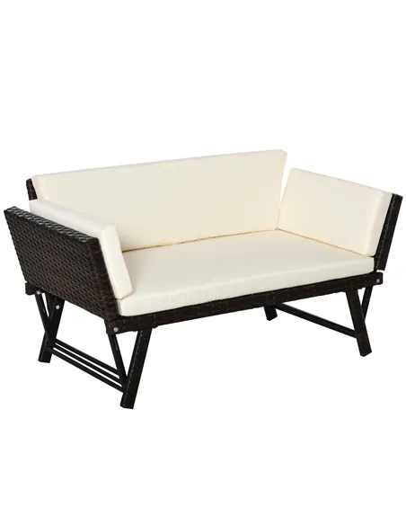 Outsunny 2-Seater 2-in-1 Rattan Convertible Sofa Daybed Brown