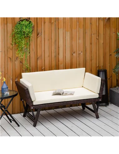 Outsunny 2-Seater 2-in-1 Rattan Convertible Sofa Daybed Brown