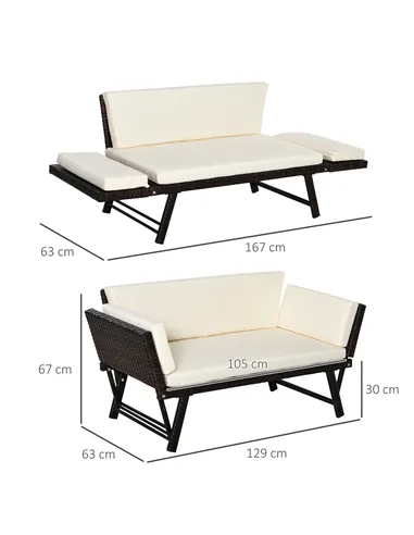 Outsunny 2-Seater 2-in-1 Rattan Convertible Sofa Daybed Brown