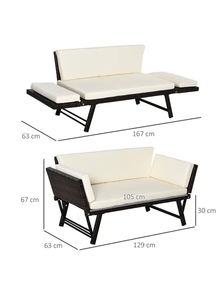 Outsunny 2-Seater 2-in-1 Rattan Convertible Sofa Daybed Brown