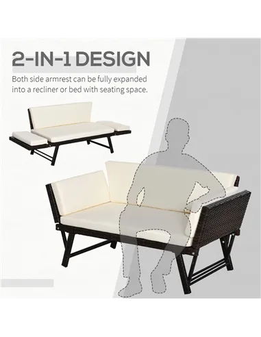 Outsunny 2-Seater 2-in-1 Rattan Convertible Sofa Daybed Brown