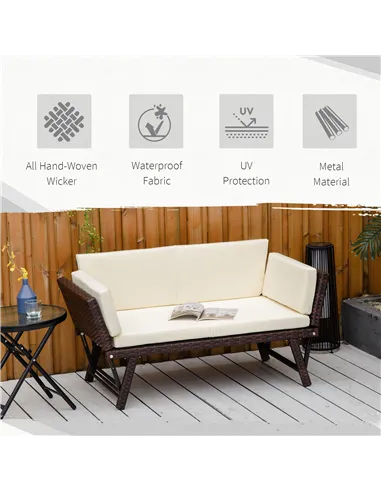 Outsunny 2-Seater 2-in-1 Rattan Convertible Sofa Daybed Brown