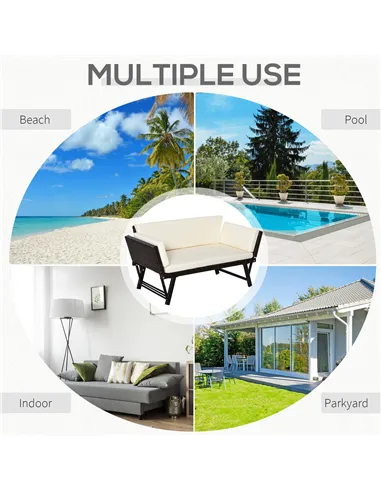 Outsunny 2-Seater 2-in-1 Rattan Convertible Sofa Daybed Brown