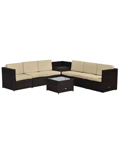 Outsunny 6-Seater Rattan Sofa Furniture Set W/Cushions, Steel Frame-Brown