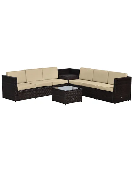 Outsunny 6-Seater Rattan Sofa Furniture Set W/Cushions, Steel Frame-Brown