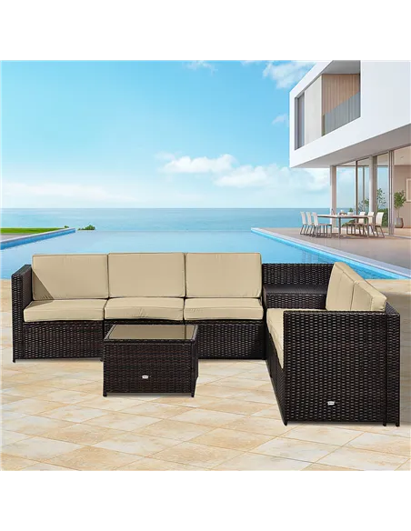 Outsunny 6-Seater Rattan Sofa Furniture Set W/Cushions, Steel Frame-Brown