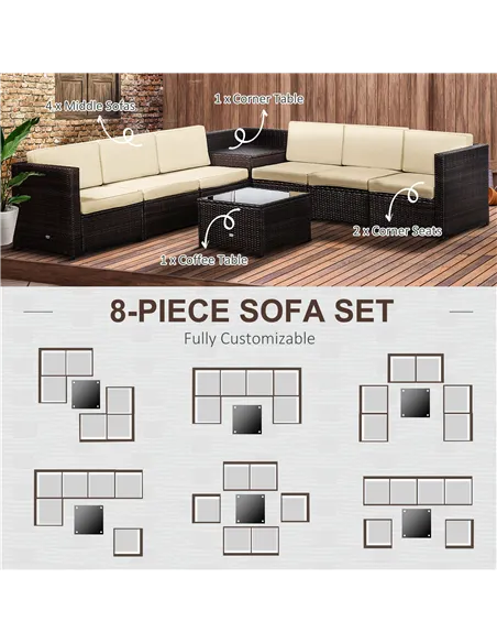 Outsunny 6-Seater Rattan Sofa Furniture Set W/Cushions, Steel Frame-Brown