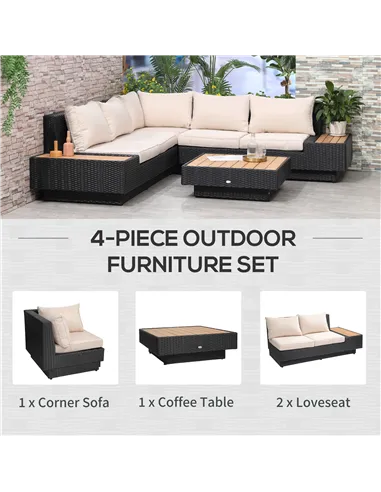 Outsunny 4 PCs Rattan Garden Furniture Outdoor Sectional Corner Sofa and Coffee Table Set  Conservatory Wicker Weave Furniture w