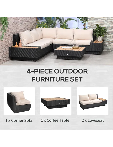 Outsunny 4 PCs Rattan Garden Furniture Outdoor Sectional Corner Sofa and Coffee Table Set  Conservatory Wicker Weave Furniture w