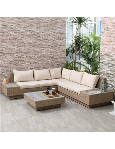 Outsunny 4 Pieces Rattan Garden Furniture Set, Garden Corner Sofa with Side Trays, Wicker Conservatory Furniture Set with Lovese