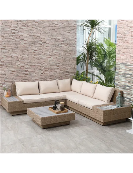 Outsunny 4 Pieces Rattan Garden Furniture Set, Garden Corner Sofa with Side Trays, Wicker Conservatory Furniture Set with Lovese